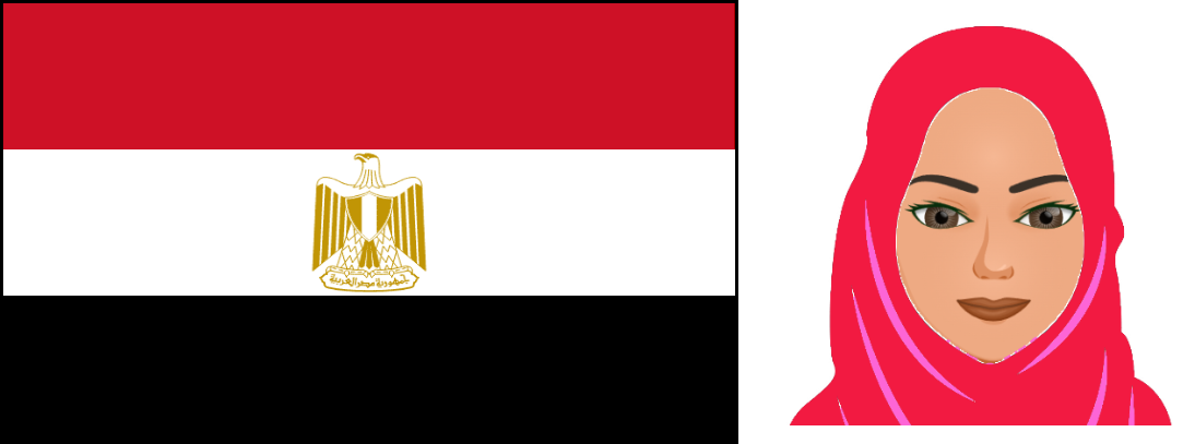 To the left of the image is the national flag of Egypt. The Egyptian flag consists of three equally sized horizontal stripes. The top one is red, the middle one is white, and the third one is black. In the middle of the white stripe, Saladin´s eagle is placed. It is a national symbol of Egypt and it refers to Arabic identity and independence. The eagle is largely a symbol consisting of gold vertical lines depicting the wings. The eagle is not in flight and is looking to the left. Beneath it are tail feathers is a horizontal curved shape containing arabic script. To the right of the flag is an facial avatar of a woman. Her skin is of a light brown colour. Her thick brown hair beneath what is visible on her shoulders and she is smiling. She is visible to her shoulders and she is wearing a bright orange top that has a high neck. End of description.